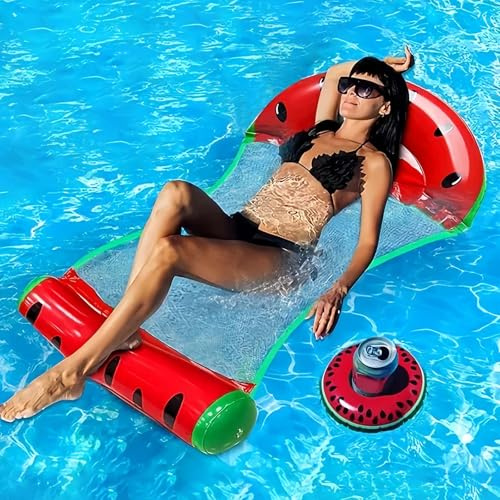 WIKIMO Aufblasbare Luftmatratze Pool mit Becherhalter, 137x70cm Luftmatratze Wasser für Erwachsene, Wasserhängematte mit Netz, Pool Zubehör Spaß (Wassermelone)