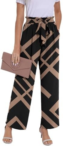 PrinStory Trousers For Women UK Elasticated Waist Lightweight Summer Pants Causal Wide Leg Palazzo Trousers Beach Work (Black Rectangle, M)