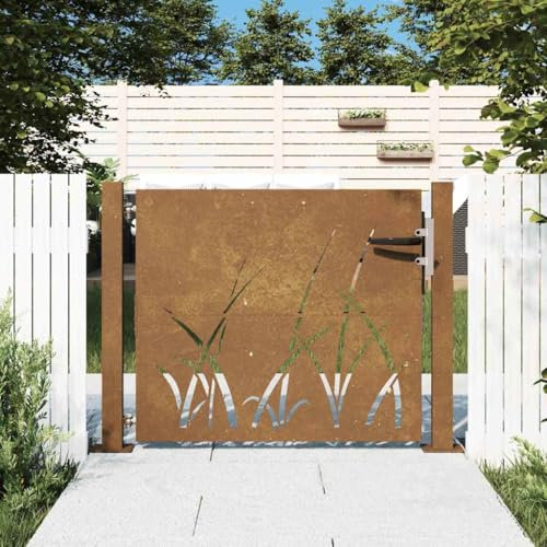 Refined Gartentür mit Gras-Design, Abschließbar Hoftor Eingangstor für Garten Terrasse, Tor Zauntor Gartenpforte Gartentor 105x105 cm Cortenstahl Gras-Design