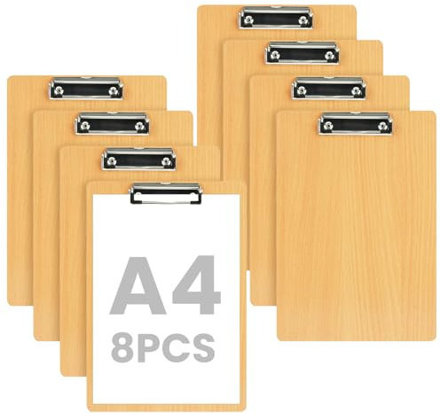 OFFCUP A4 Porte-Blocs en Bois, 8pcs A4 Porte Blocs Format avec Pince, Taille 21x14cm Planchettes à Pince Clipboard à Suspendre pour Papier D'écriture Memo Dossiers