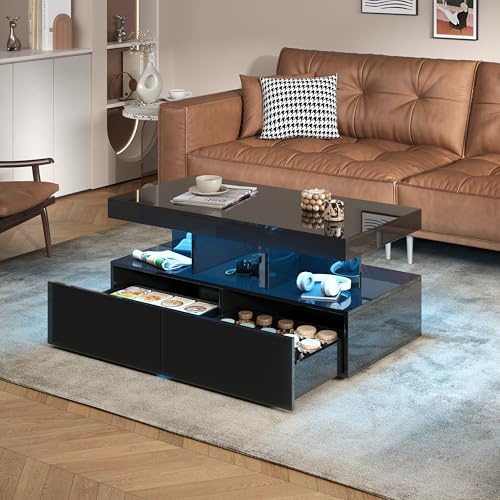 Aneutr Couchtisch schwarz mit LED-Beleuchtung, rechteckiger Couchtisch mit 2 Schubladen und offenen Fächern, Aufbewahrung, moderne Wohnzimmertische für Wohnzimmer, Büro, Schlafzimmer, 104 x 53 x 46 cm