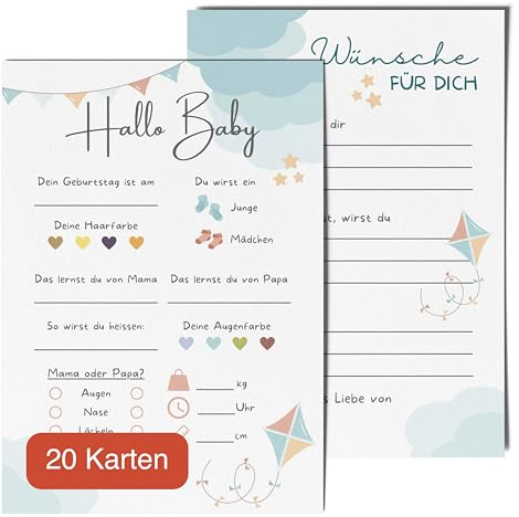 20 Ratespielkarten für Babypartys - Spiele für Gender-Reveal-Party und Babyshower, Tippkarten für Baby Mädchen und Jungen (Blauer Himmel)