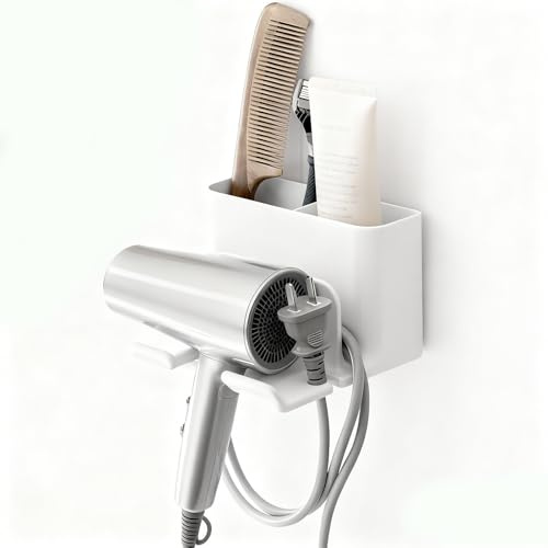 mengger Soporte para Secador de Pelo,Soporte para Secador de Pelo Taladrar,Soporte Autoadhesivo para Secador de Pelo,Soporte de Pared para Secador de Pelo con Soporte para Cable(Blanco)