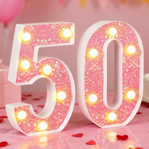 50th Birthday Decorations LED Light Up Numbers, Pink Marquee Lights Number 50 Sign for Girls Birthday Party Anniversary Home Decor