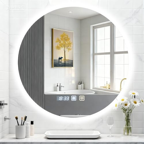Litglobe Miroir LED Salle de Bain avec Eclairage 60x60cm,Miroir Rond Salle de Bain Mural avec Anti-Buée,Mémoire,Interrupteur Tactile,Affichage Heure,3 Couleurs Lumière,Dimmable