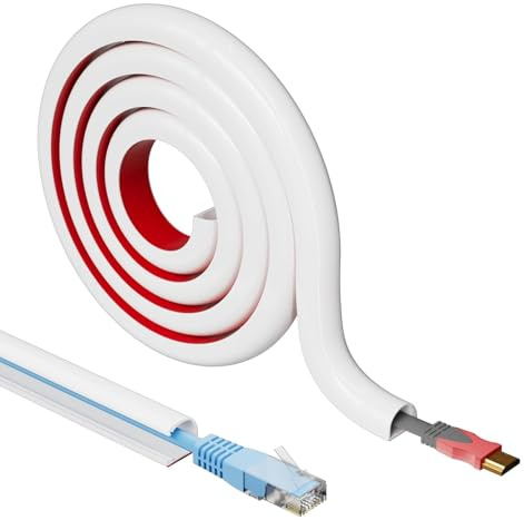 6m White Cable Trunking - 14 x 10mm Flexible PVC Cable Conduit for 1 Cord, Self-Adhesive Wire Hider for Wall & Floor, Side Opening D-shape Wire Covers TV Cable Raceway