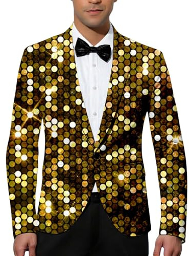 WAZHAKU Blazer con paillette, giacca da uomo con brillantini, colore oro, slim fit, feste, smoking, carnevale, costume da uomo, costume da discoteca, elegante motivo di carnevale, R3, M