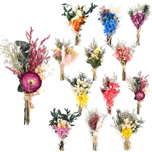 Larber 12pcs Mini Flores Secas Ramos De Flores Silvestres Secas Flores Secas Mini con Tallos DIY Foto Accesorios Jarrón Decoración De Boda