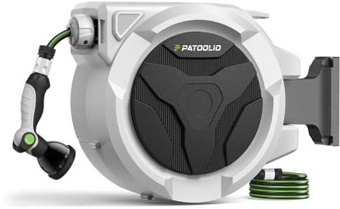Hose Reel, PATOOLIO Auto Reel 30+2m Wall-Mounted, Retractable Garden Hose Reels, Auto Rewind, Self-Locking System, 180° Pivot Swivelling, 10 Function Spray Gun, Black
