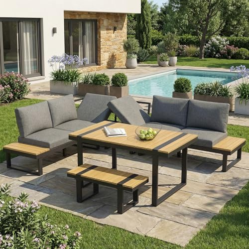 Merax Garten-Essgruppe 6-Sitzer mit Ecksofa und 2-Sitzer Bank, 2-in-1 Dining Lounge Set mit 5-Fach Verstellbarer Neigung bis 55°, verzinktes Stahlrohr, Gartenmöbel-Set, Grau und Schwarz