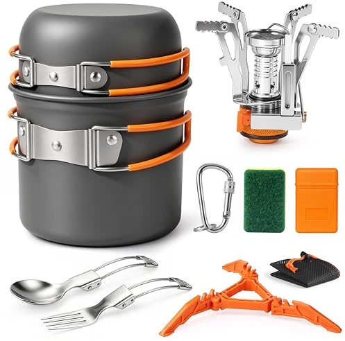 AUTOPkio Camping Geschirr Set für 1-2 Personen mit Mini Campingkocher | Faltbare Aluminium Camping Kochgeschirr Kit, Outdoor Leicht Topfe Kochset für BBQ, Wandern, Picknick