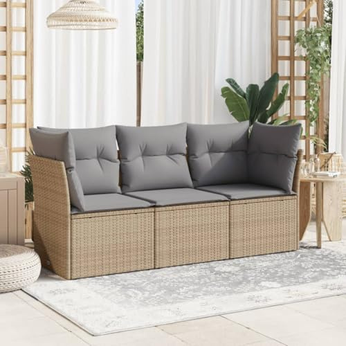 ACAGALA Gartenmöbel Set mit Stauraum 3 Teilig Poly Rattan Balkonmöbel Set mit Kissen & wasserdichte Innentasche, 3 Sitzer Gartensofa, Outdoor Garnitur Set für Garten, Terrasse, Beige und Grau