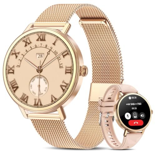 IOWODO Montre Connectée Femme avec Appels Bluetooth, Écran HD 1,26 Pouce, Bluetooth 5.4, 100+ Modes Sportifs, Fréquence Cardiaque et SpO2, Suivi du Cycle Féminin, Étanche IP68, Or Rose
