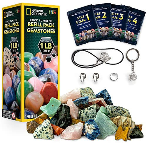 NATIONAL GEOGRAPHIC Rock Tumbler Refill – 453g Mix of Rough Gemstone Rocks for Rock Polishers, Includes 5 Jewellery Fastenings and Rock Polishing Grit, Works with All Rock Tumblers