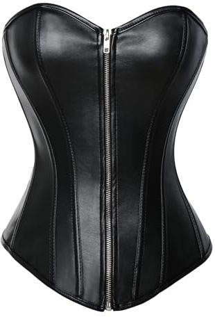 MISS MOLY Corsage|Vollbrust Vintage Kunstleder Korsage Leder-Optik Coolstil Korsett Reißverschluss/Vorderschliesse Corset(Mit G-String) Schwarz XL