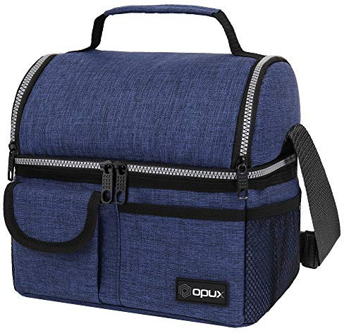 opux Insulated Lunch Bag Women Men, Dual Compartment Leakproof, Navy Blue