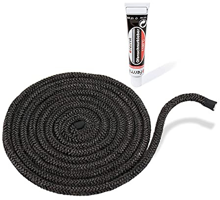 LANZZAS Kamin- & Ofendichtschnur - Ø 6 mm, Länge: 2 m - Glasband für Kamintüren - hitzebeständig bis 550°C - mit feuerfestem Montagekleber