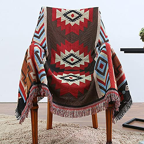 BINGMAX Gewebte Überwurfdecke, 100% Baumwolle, mit Fransen, Handtuch/Steppdecke für Couch, Rot/Blau, Kirim Strickdecke, 130X160 cm Tischdecke Klavierdeckel Freizeitdecke