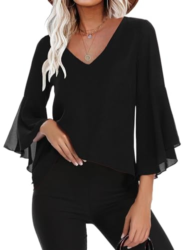 Gyabnw Camicia Donna Elegante in Chiffon Estiva Traspirante 3/4 Manica Volant Scollo a V Blusa B-Nero,S