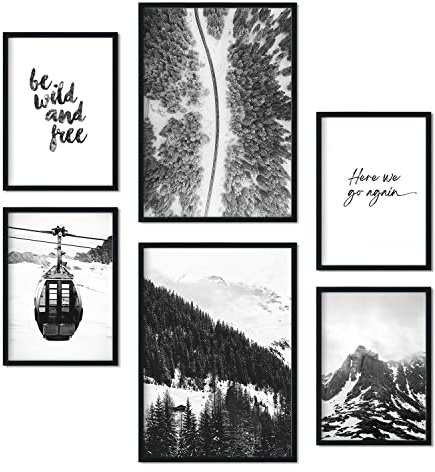 Nacnic - 6 Cuadros Fotografía Blanco y Negro - Decoración Mural Salón, Dormitorio, Habitación - Invierno, Nórdico, Moderno - A3 y A4 - Marco Negro