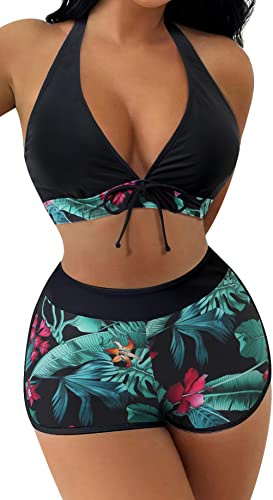 FEOYA Women's Tankini Sets Sexy Two Pieces Swimsuit Halter Neck Top with Shorts Bikini Sets Floral Print Swimwear Plus Size Push Up