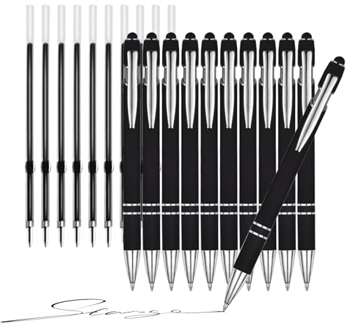 20pcs Metal Ballpoint Pen Set Pens Multipack with Stylus Tip for Touch Screens10 Black Ballpoint Pens with 10 Refills Retractable Ballpoint Pen with Rubber Office Supplies for Aldult Student