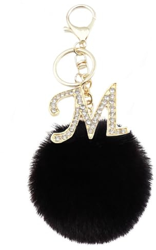 Xsclpomddy Pom Pom Schlüsselbund künstliche weiche Kaninchenhaar Taschenanhänger Ball Schlüsselanhänger mit Goldene Buchstabe A-Z für Handtasche,schwarz M