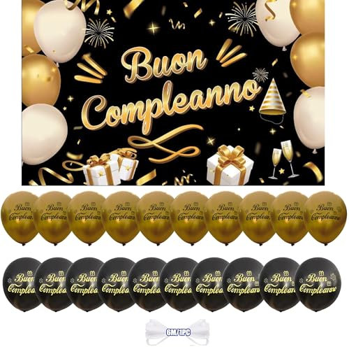 ®️ IM | Striscione Buon Compleanno 110x180 cm + 20 Palloncini con Scritta in Italiano da Appendere | Decorazioni Compleanno. (NERO-ORO)