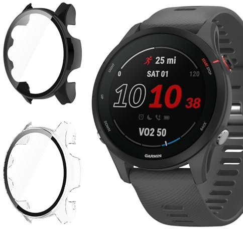 Vanrain Funda Compatible con Garmin Forerunner 255 46mm, 2 Piezas Estuche Protector para PC Duro con Protector de Pantalla, Anti Choques HD Resistente a los Arañazos Carcasa, Negro & Trasparente