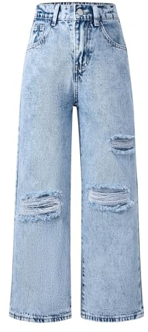 Maeau Baggy Ripped Jeans Girls Bootcut Elasticated Waist Retro Denim Pants Loose Wide-Leg Ripped Pants Casual Cute Denim Jeans with Pockets B1 7-8 Years