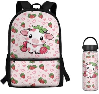 ZUXONGSY Cute Girls Backpack 5-6 Year Old Large Capacity Schoolbag Strawberry Pink Kids Water Bottle for Girl Double Zipper Cow 17 Inch Bookbag for Back to School Outdoor Bookbag Sets