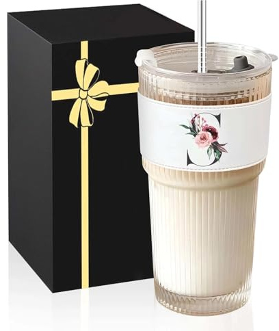 A-Z Initial Iced Coffee Glass Cups - Personalised Birthday Gifts for Women, Ice Coffee Glass Cup with Lids and Straws - Ideal Glasses Tumbler Gift for Friend, Sister, Mum,Wife, Colleagues, Initial S