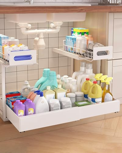 Ornestia Unter Waschbecken Regal, Spülenunterschrank Organizer, Metall | Ausziehbar(35-58cm), Höhenverstellbar(35.5-38.5cm), 2 Etagen, Unterschrankregal für Küche & Bad, Gewürzregal Weiß