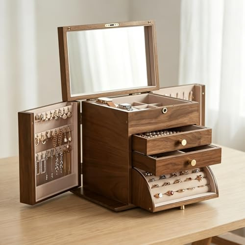 Baolivi Vintage Schmuckkästchen aus Holz 4 Ebenen Schmuckaufbewahrung Schmuckkasten Groß Schmuckschatulle Massivholz 3 Schubladen Schmuckbox mit Spiegel für Damen Schmuck Ringe Ketten Armbänder