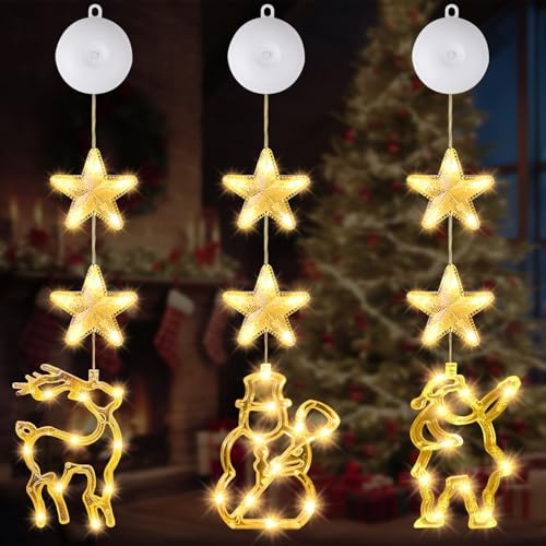 KingYH 3 piezas LED Luces Navidad para Ventana con Estrella luces navidad Funciona con pilas con ventosas para interior ventana mesa balcón Decoración festiva y decoración navideña