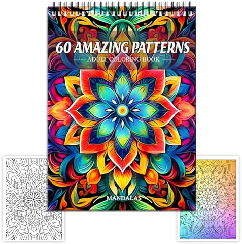 Mandala Colouring Book, 60 Unique Designs for Relaxation, Spiral Bound, Colour by Numbers for Adults, Adult Colouring Books for Women, Arts and Crafts for Adults, 11.4x8.3 Inches (Mandala)