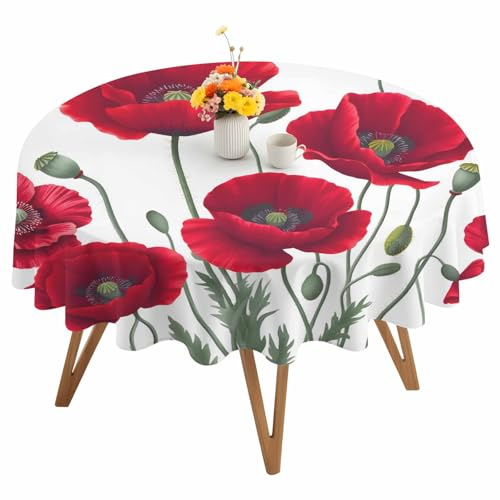 Liajuuhlgas Flowers Round Tablecloth 54 Inch, Red Opium Poppy Flowers Vintage Summer Round Table Cloth Waterproof & Washable Table Cover Decorative Tablecloth for Kitchen Dining Picnic Camping Party