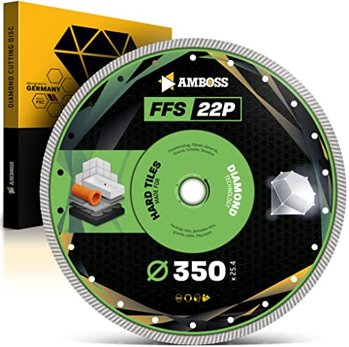 Amboss FFS 22 - Diamant-Trennscheibe Ø 350 mm x 25,4 mm - Hartes Feinsteinzeug (bis 1,2 cm) / harte Granite/Schiefer/Fliesen/Tonrohre/Fiberglas | Segmenthöhe: 10 mm
