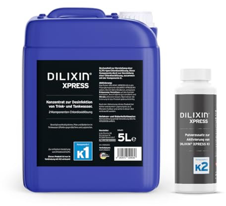 DILIXIN® XPRESS 5 Liter, Legionellenbekämpfung, Desinfektion von Trinkwasser, Chlordioxid 0,3% ig, Wirksamkeitstest nach DIN EN 13623, 1276 und 1650, inkl. Entgasungsverschluss