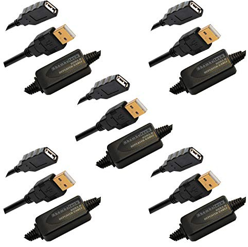Rhombutech® Set 5 x 10 Meter USB 2.0 Verlängerung, Aktiv, Signalverstärker, Repeater, Verlängerungskabel, A-Stecker auf A-Buchse, Datenkabel, Anschlusskabel, doppelt geschirmt, vergoldete Kontakte