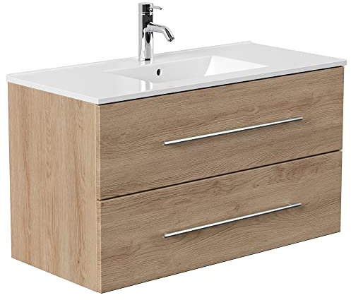 Lomadox Badezimmer Waschtisch mit Unterschrank in Eiche hell, 100cm Mineralguss-Waschbecken, Softclose-Schubkästen