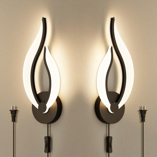 Pasoar Modern LED Wall Lamps for Bedrooms Set of 2 Black Plug in Wall Light Fixtures 3000K 10Watt Wall Mounted Bedside Lamps 110V AC