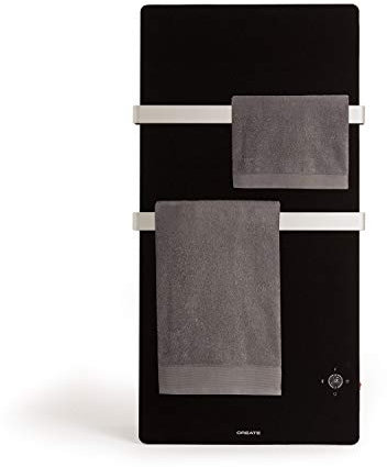CREATE / WARM TOWEL CRYSTAL / Porta asciugamani elettrico nero in vetro, con wifi, comando a distanza, doppio gancio, schermo led, timer settimanale e 24 ore