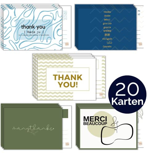 BLATT PAPIER® 20x Premium Dankeskarten (matt) – Danke Postkarten mit weicher Beschichtung vorne – stilvolle Dankeschön Karten – 20er Danke Karten Set – Thank You Cards – Made in Germany