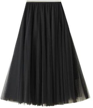 DISSA Damen Plain A-Linie Rock Schwarz Midi Tüll Rock,Einheitsgröße,S0803