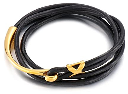BCughia Herren Armbänder Metall, Armband Kette Leder Gold Edelstahl Mehrschichtiger Angelhaken Versprechen Schmuck Geschenk für Herren 40cmx3.5mm