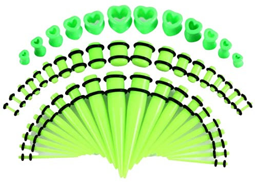 Skcess Ohr Tunnel Set Dehnungsstab, Tunnel Acryl mit 48PCS Leuchtendes Grün Kegel- und Uv-Segment-Kurz- und Herzstecker