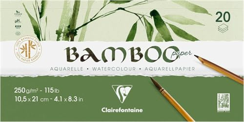 Clairefontaine 975912C - Block Bamboo Aquarelle, einseitg geleimt, 20 Blatt Bambuspapier 250g, DIN A5 10,5x21cm, 1 Block