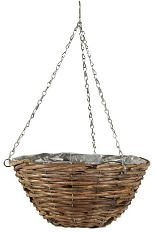 Spetebo Pflanzkorb zum hängen aus Weide - Ø 35 cm - Blumentopf Hängeampel mit Kette Blumenampel hängend mit Folie