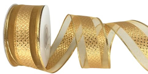 XMRIBBON Goldfarbenes transparentes Band mit Draht, mit Jacquard-Gittermuster, kariert, 3,8 cm x 22,7 m, Geschenkband für Geschenkschleife, Hochzeit, Kuchenverpackung, Baumdekoration, Kranz